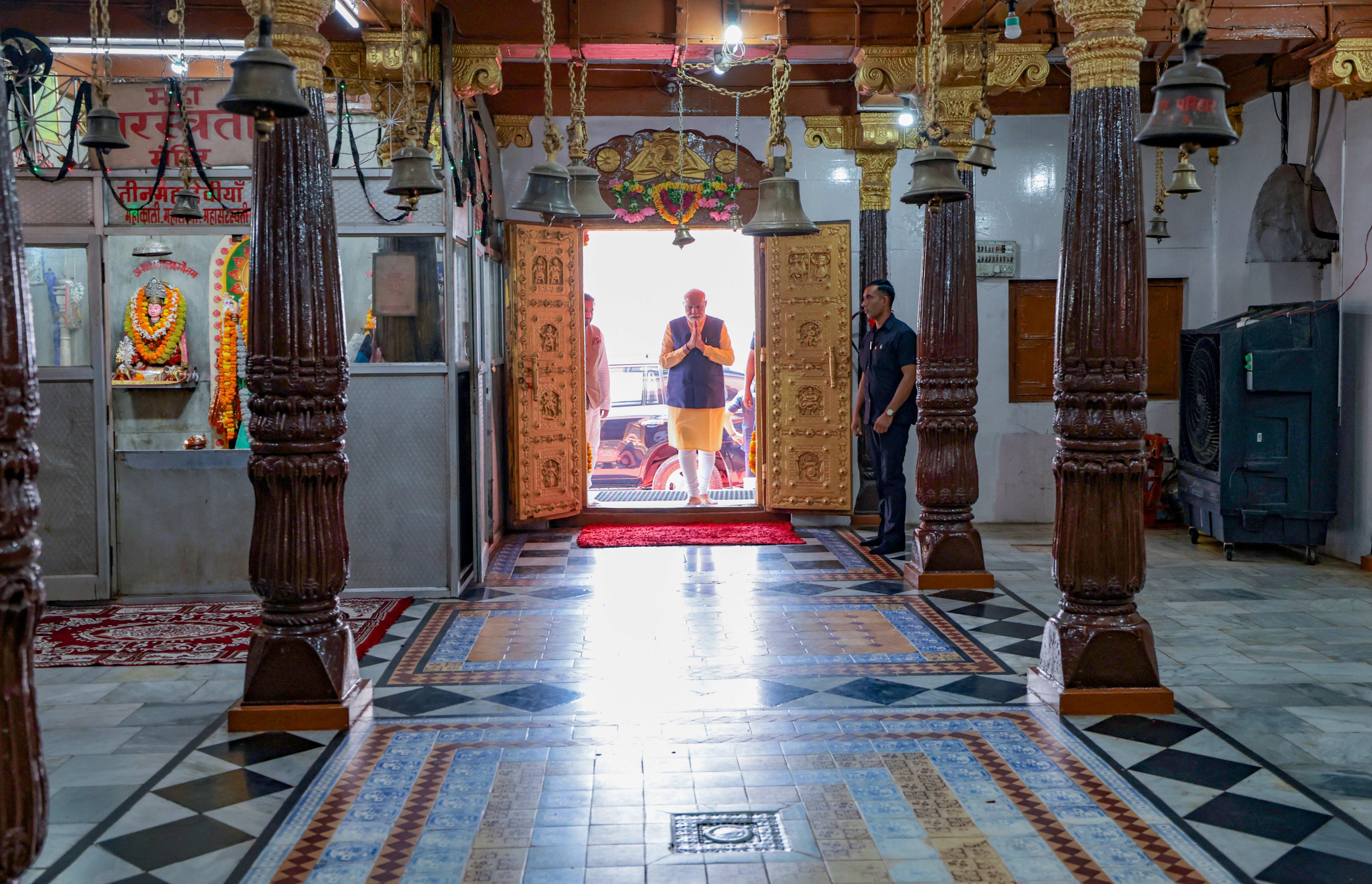 Prime Minister Narendra Modi offers prayers at Danteshwari Temple in Jagdalpur, Chhattisgarh on Tuesday.